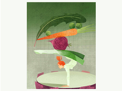Healthy Diet: Balancing Act article beetroot book carrot cover diet editorial fitness ginger girl graphic design gymnast health illustration poster vegetables woman yoga