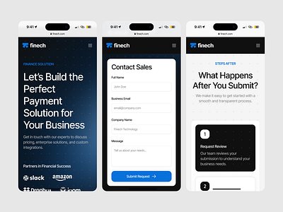 Finech UI Kit – Responsive Contact Sales Page b2b contact ui bento component contact form design contact sales customer support page digital finance finech fintech contact page fintech ui kit fintech website integration lead gen form payment platform responsive mobile sales inquiry ui sales page ui security compliance feature transaction ui kit ui kit finance
