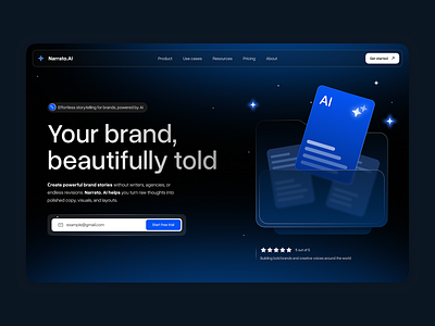 Narrato.ai home page 3d ai b2b dark design flat hero home layo page saas studio tool ui ux website