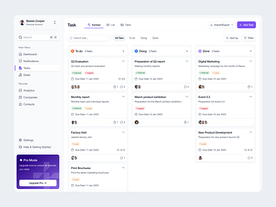 Tasks Screen - Hubly CRM ai artificial intelligence b2b clean crm dashboard dashboard design dipa inhouse kanban board list view modern product design project management saas startup table view task management ui uiux ux